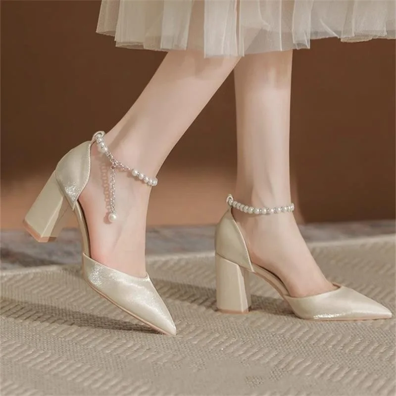 Elegant Pearl-Embellished Satin Heels - 5cm Chunky Low Heel Bridal Shoes with Adjustable Ankle Strap 2026