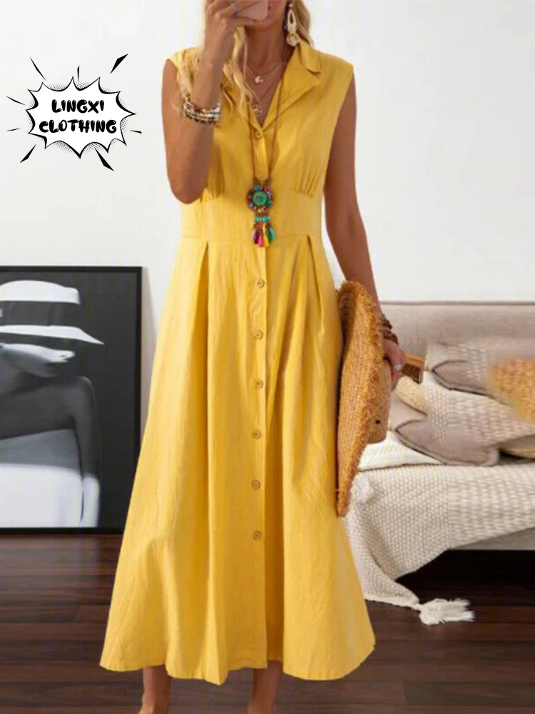 우아한 여성용 스트리트 스타일 루즈한 대형 통근 스타일 코튼 대마 긴 단색 원피스, 2024 여름 패션 신상 