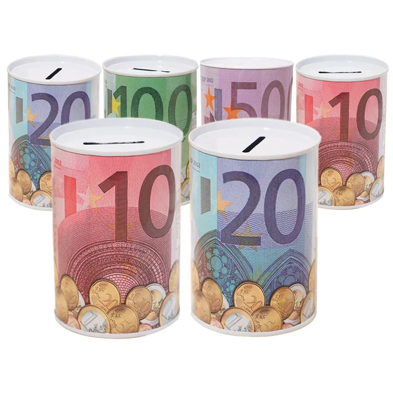 Description Picture 6 of itemCreative Tinplate Cylinder Piggy Bank Euro Dollar Picture Box Household Saving Money Box Home Decoration Money Boxes