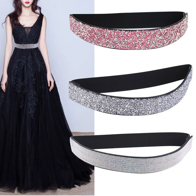 

New Women Wide Waist Belt Sparkling Rhinestones Elastic Belt Decorative Skinny Cinch Waistband For Dress Sweaters Jeans Hot Sale