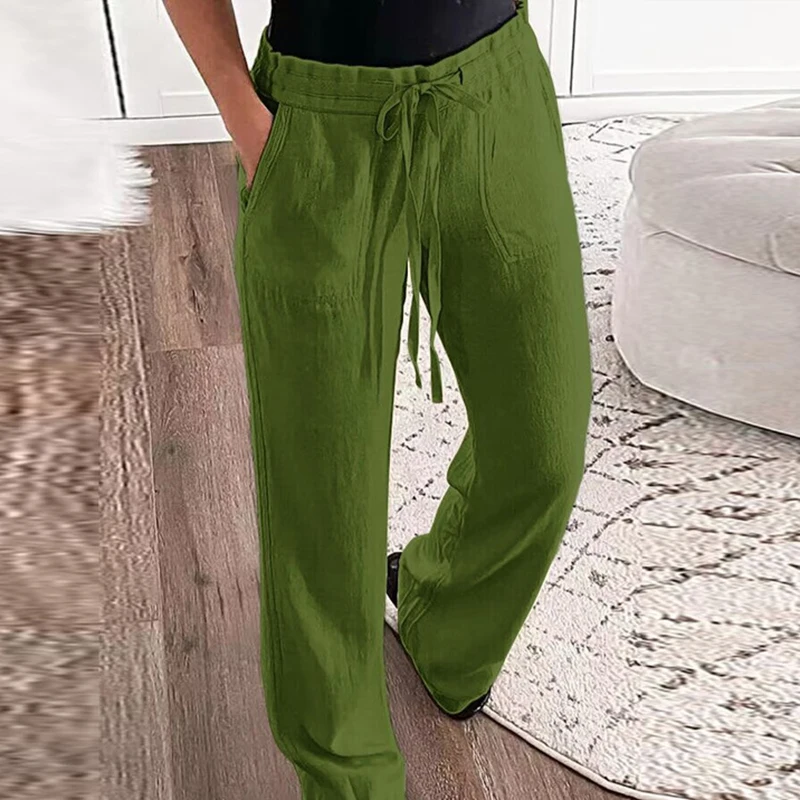 

Casual Solid Simple Pant For Women Fashion Loose Straight Elastic Waist Drawstring Lace Up Pants with Pocket Elegant Office Pant