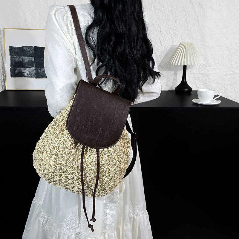 Women's Summer Boho Straw Backpack Hollow Shoulder Hobo Bag Crochet Woven Travel Beach Knitted Bag