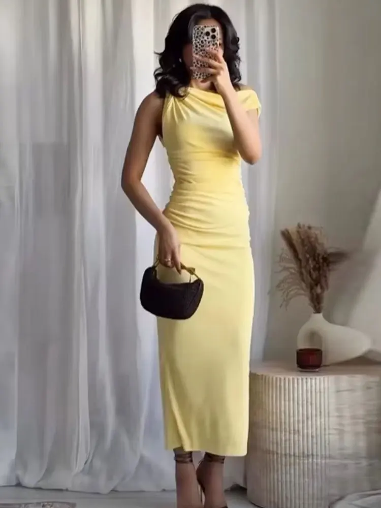 HH Women Elegant Yellow Draped Midi Dresses Summer Off Shoulder Sleeveless Dress 2025 Holiday Party Evening Dress Vestidos