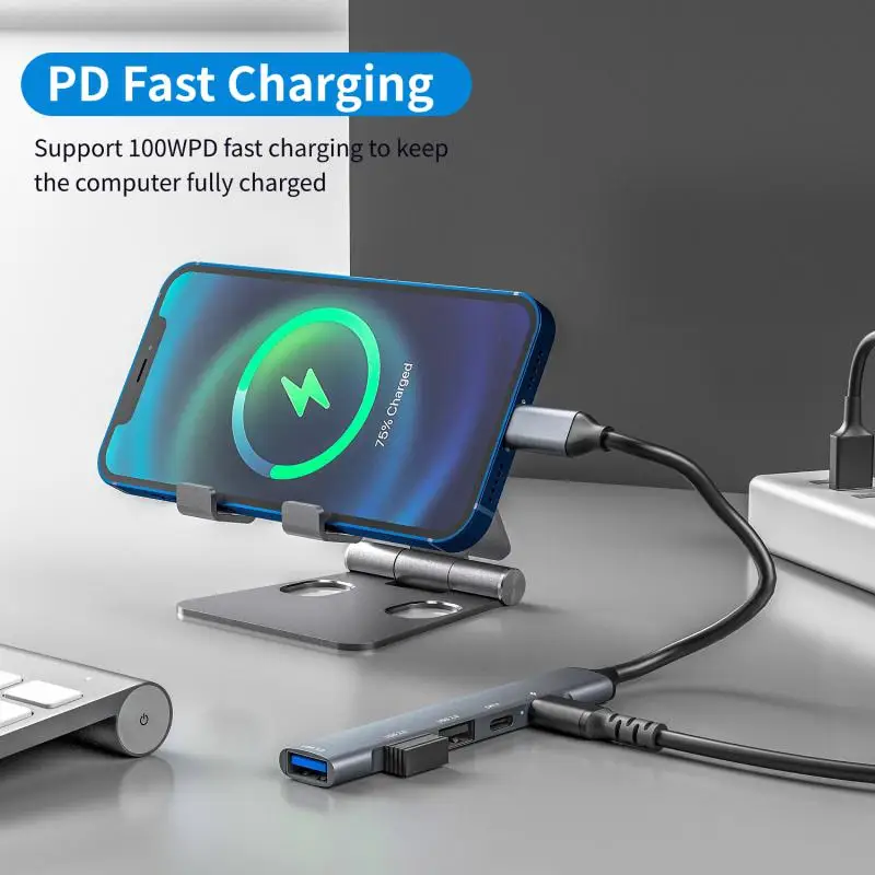 RYRA USB-C 확장 도크, USB 3.0 USB-C 5 포트 멀티 스플리터 어댑터, 맥북 PC 노트북 지지대 PD 65W 고속 충전