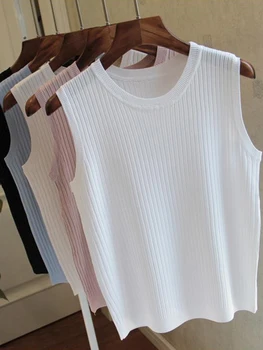 AOSSVIAO 2025 كوريا محبوك سترات المرأة بلوزة الصيف بلا أكمام المرأة س الرقبة بلوزة محبوكة قميص ملابس حريمي بلوزات حريمي 2