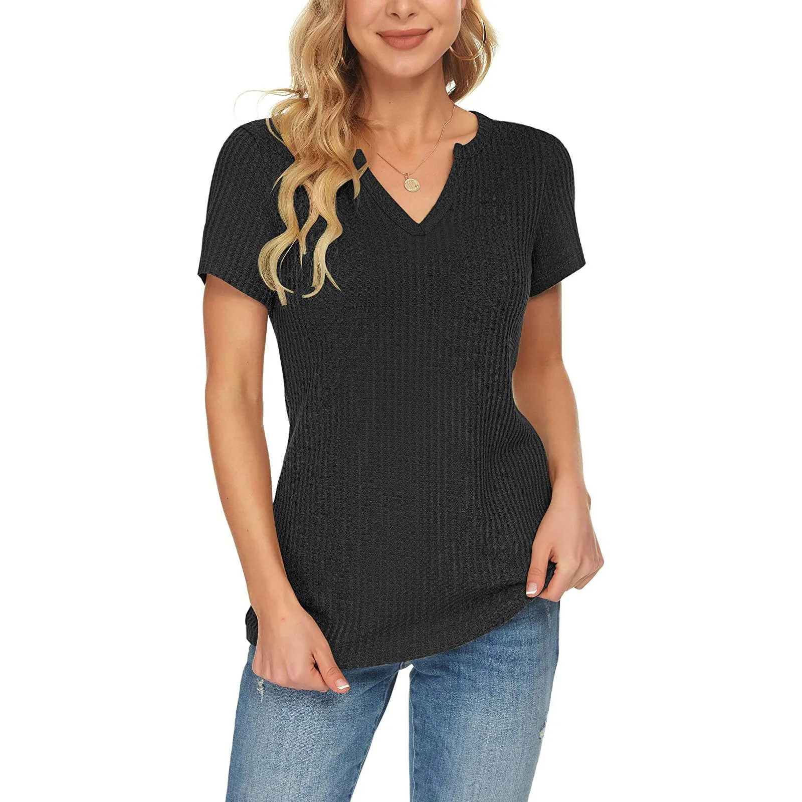 

Fashion V-neck waffle knit Blouses 2023 Summer New Short Sleeve Solid Color Shirt Women's Clothing Blusa Feminina