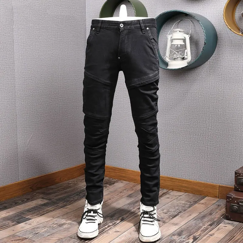 Streetwear Fashion Men Jeans Black Stretch Slim Fit Spliced Designer Biker Jeans Homme Patched Hip Hop Denim Punk Pants Men