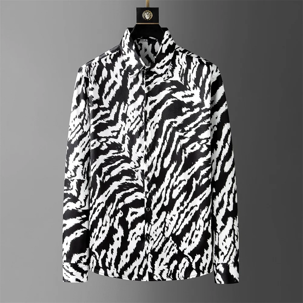 

High Quality Autumn Zebra Patterned Shirt for Men Long Sleeve Casual Business Shirts Fashion Loose Social Party Tuxedo Blouse