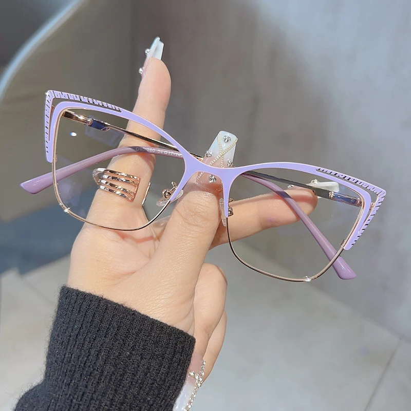 Anti Blue Light Cat Eye Myopia Glasses Women Brand Designer Spring Hinge Pink Eyeglasses Metal Frame Fashion Nearsighted Glasses 2