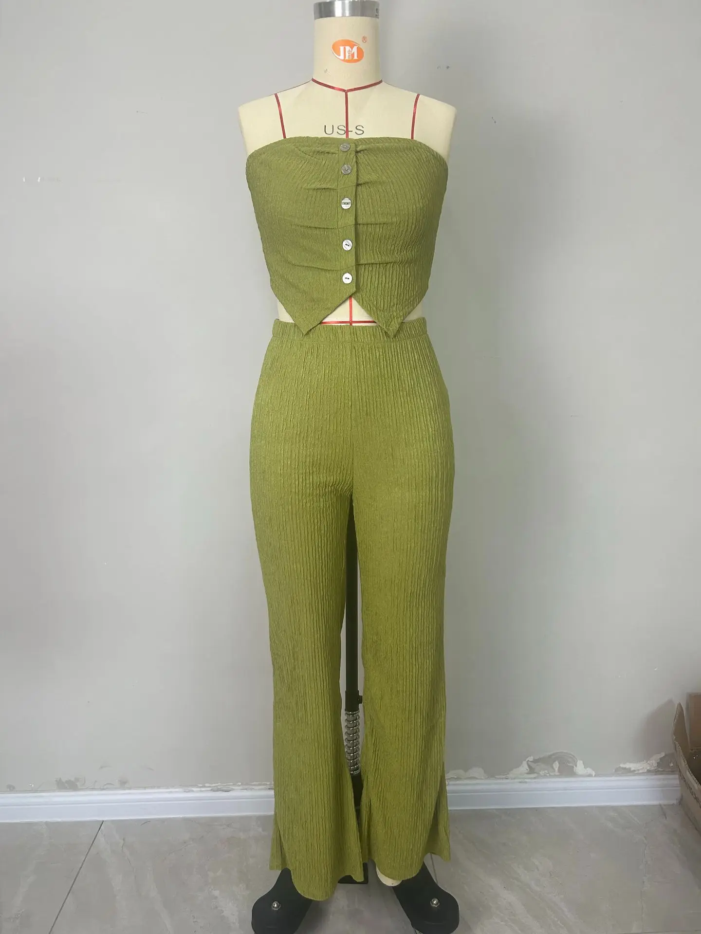 Women Wide Leg Flare Pant Suits with Strapless Cropped Tops