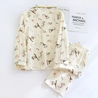 2026 New Spring and Autumn Women's Pajama Set 100% Cotton Crepe Long Sleeve Long Pants Two Piece Set Loose Enlarged Home Clothes - Image 2