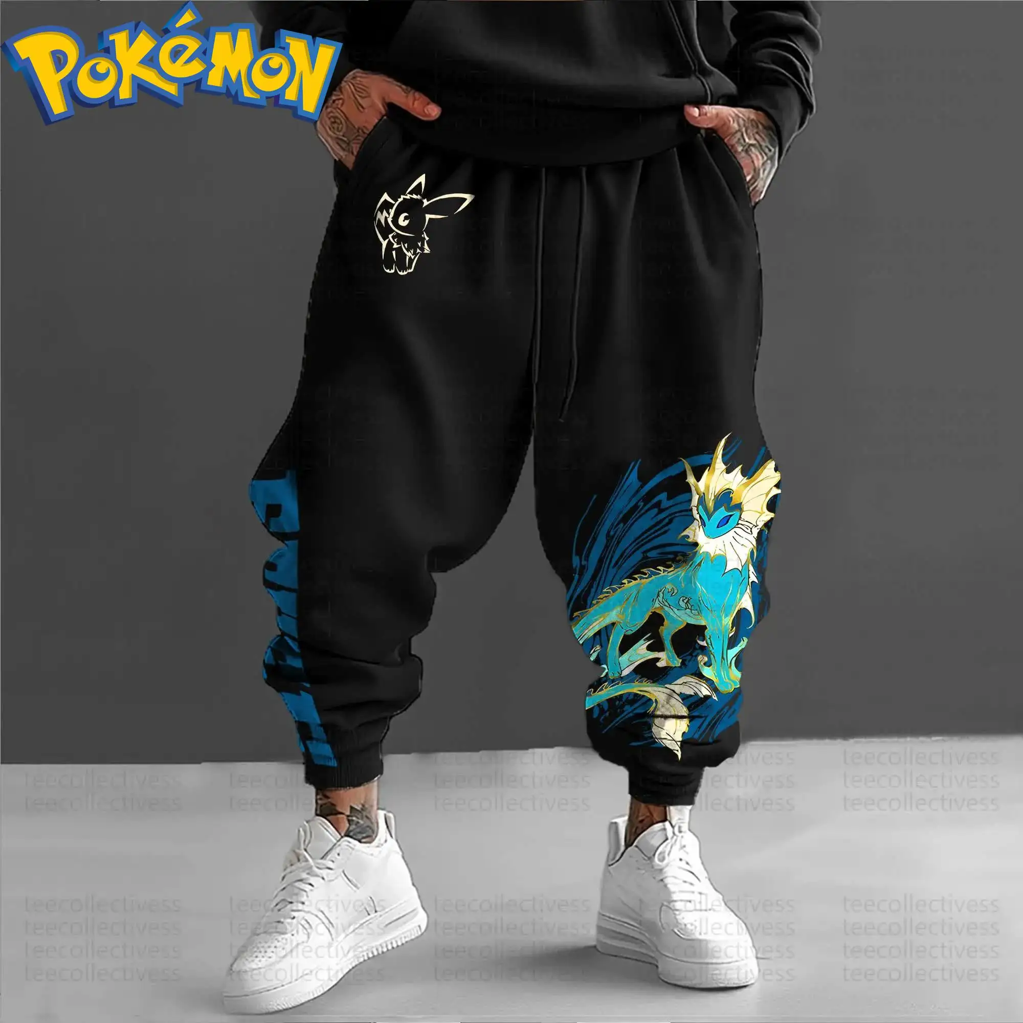 Pokemon Anime Vaporeon Cotton Hoodie Harajuku Pants Set Black Character Print with Blue Yellow Water Splash Effect Pattern