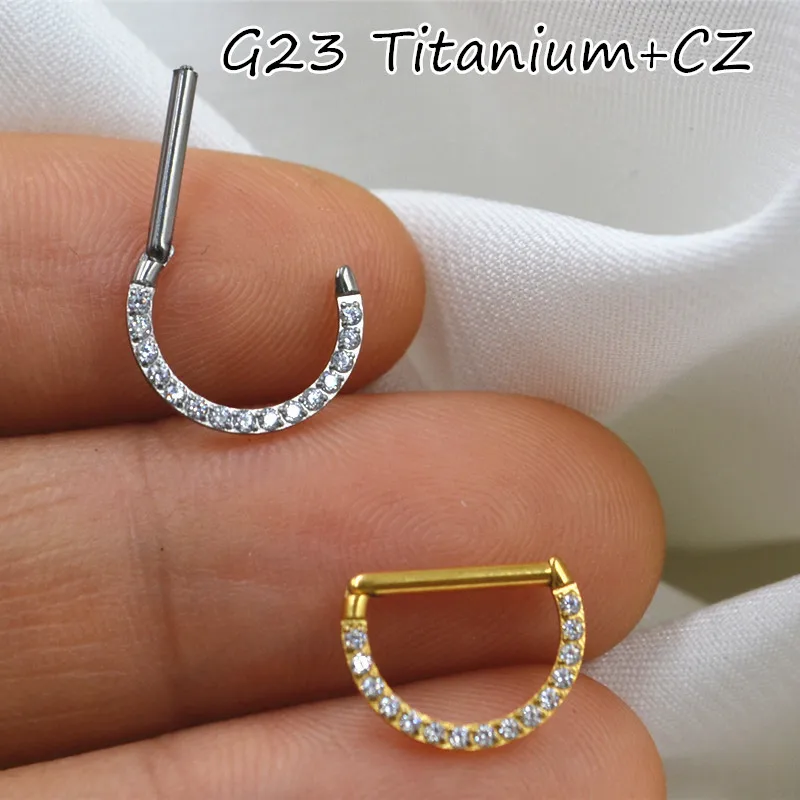 

10pcs G23 ASTM F136 Titanium CZ D Ring Nose Hoop Septum Clicker Ring Earring Lip Ear Tragus Helix Cartilage 16G Body Piercing