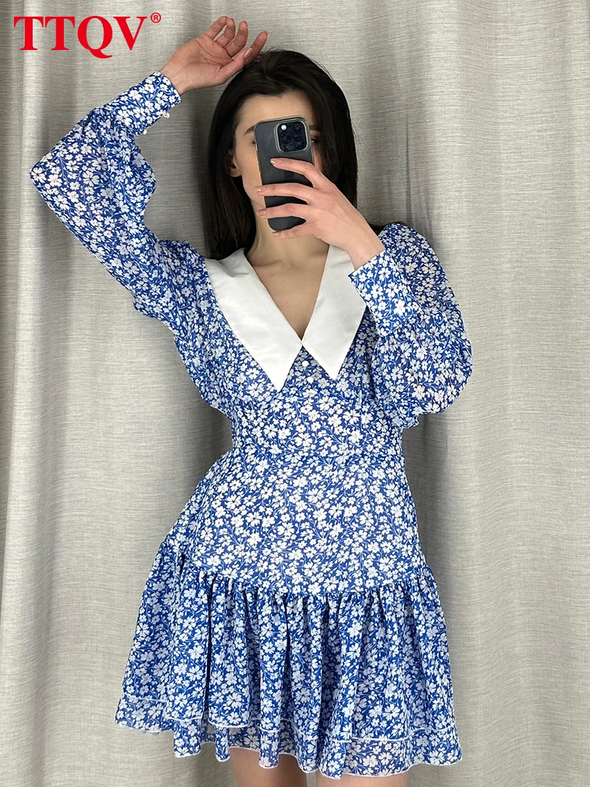 

TTQV Autumn Blue Print Button Women'S Dress 2023 Casual Patchwork Long Sleeve Lapel Dresses Elegant Pleated Female Mini Dresses