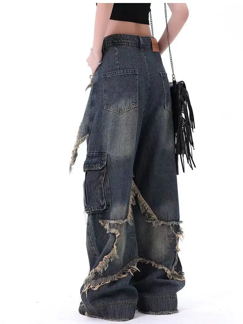 New American Vintage Washed Five-Point Star Frayed Hem Jeans for Women High Street Niche Oversized Straight Leg Long Pants 4