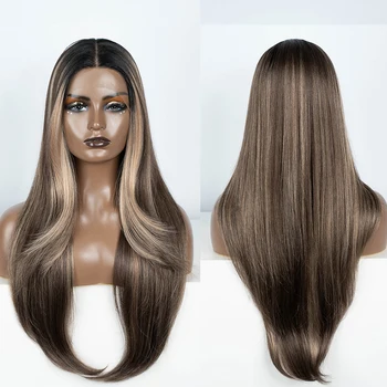 Parrucca anteriore in pizzo sintetico parrucca Hightlight a strati di capelli sintetici 28 "parrucca Glueless parrucca Cosplay per le donne parrucca anteriore in pizzo sintetico
