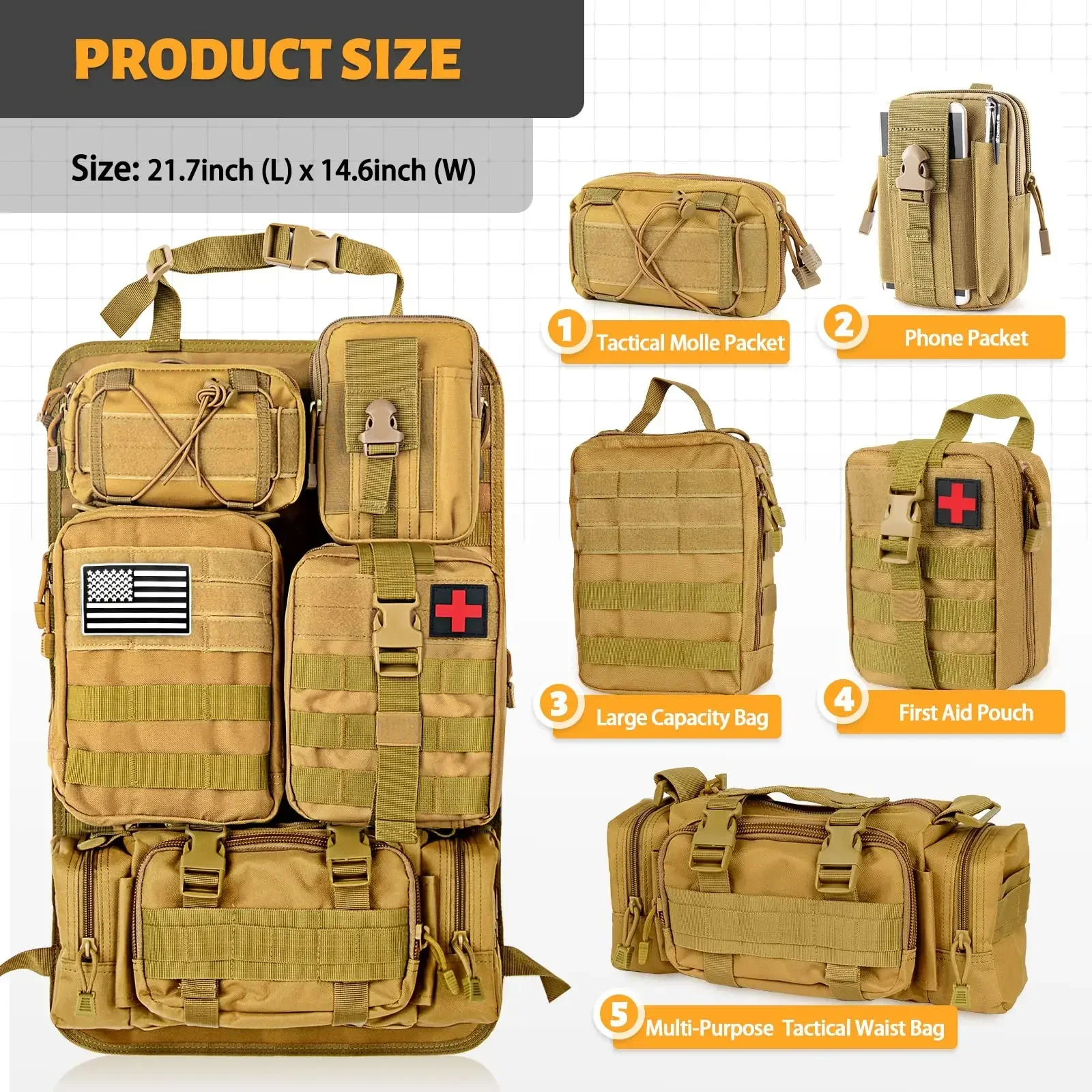 Car Seat Back Organizer Tactical Seat Back Organizer with 5 Molle Bags Universal Vehicle Panel Organizer Storage Bag 6