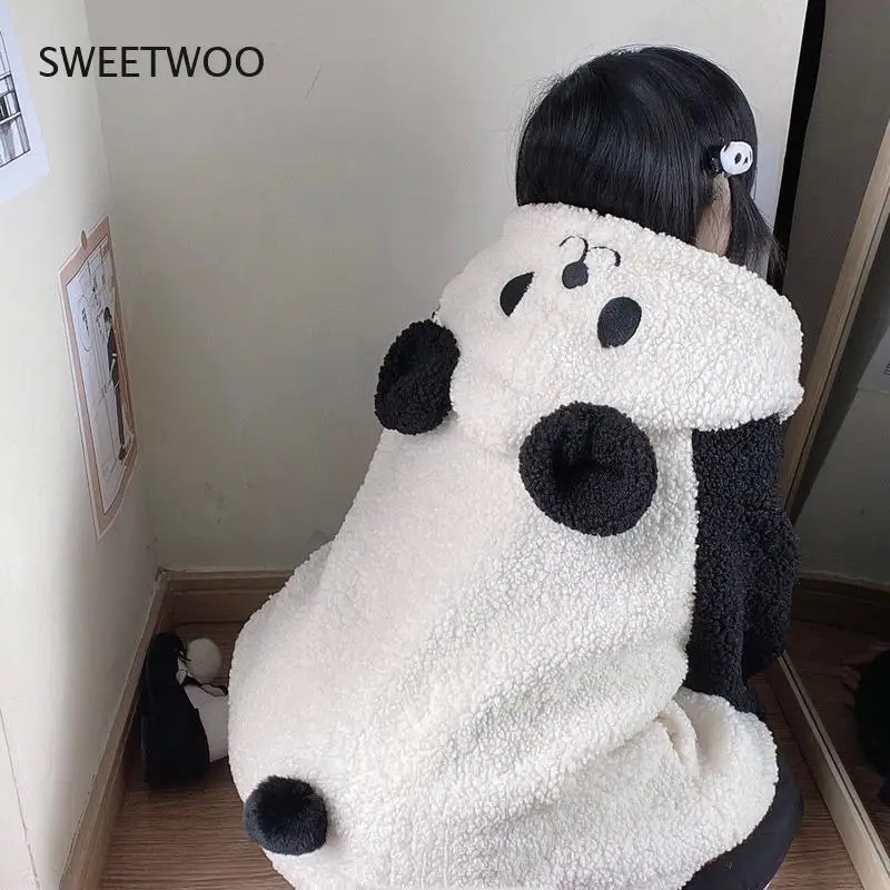 Autumn Winter Kawaii Hoodies Women Japanese Soft Girl Lambswool Cute Panda Ear Oversized Hoodie Preppy Style Button Coat