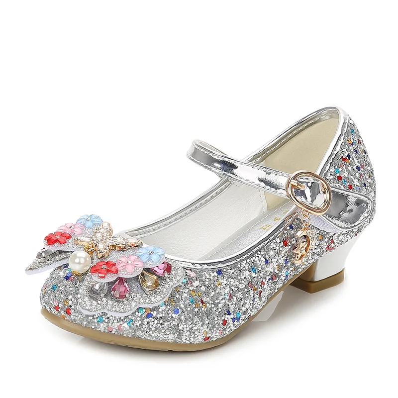 Girls Princess Shoes Butterfly Knot High-Heel Shiny Crystal Shoes Kids Leather Shoes Children's Single Shoes Birthday Present comfortable sandals child Children's Shoes