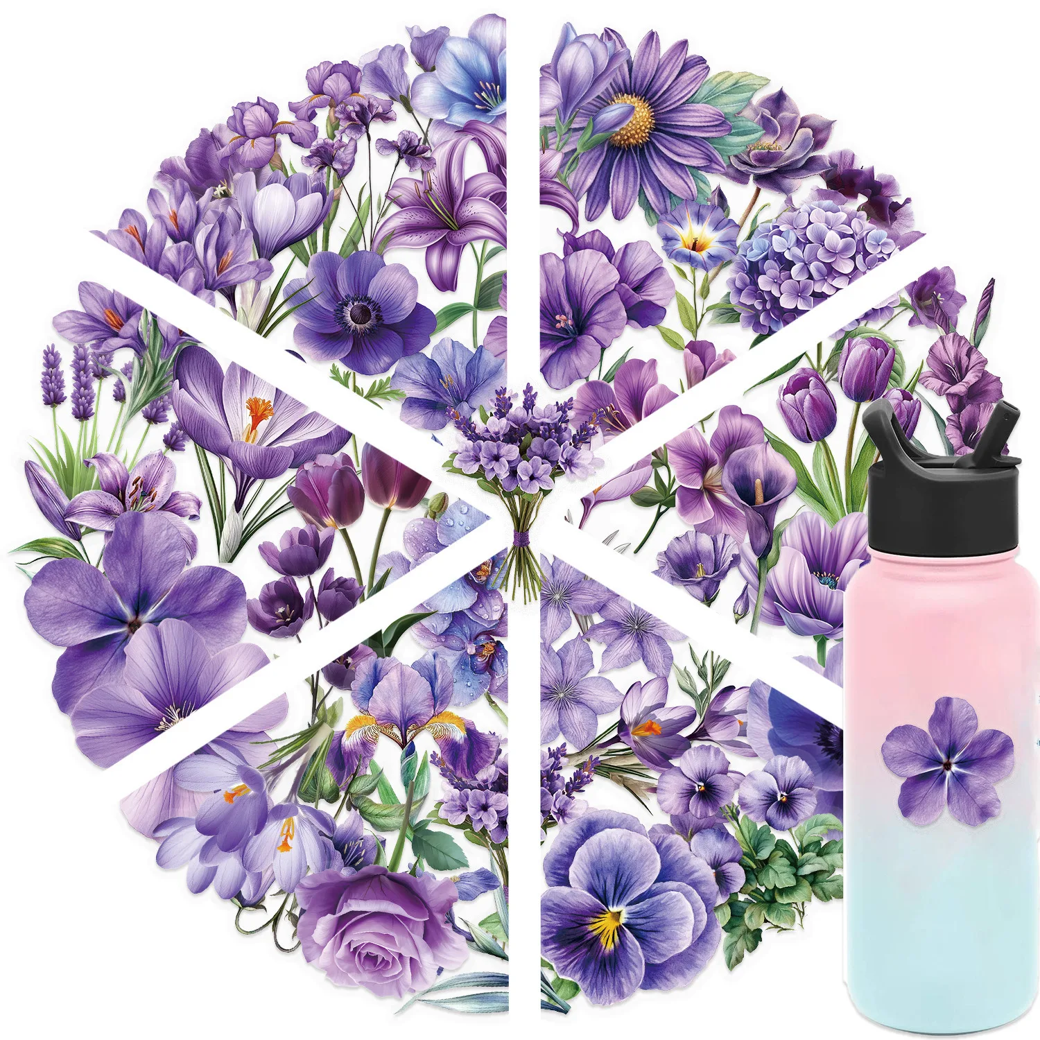 50pcs Cartoon Purple Flower Series Waterproof PET Stickers DIY Scrapbooking Decoration Phone Case Water Bottle Stickers