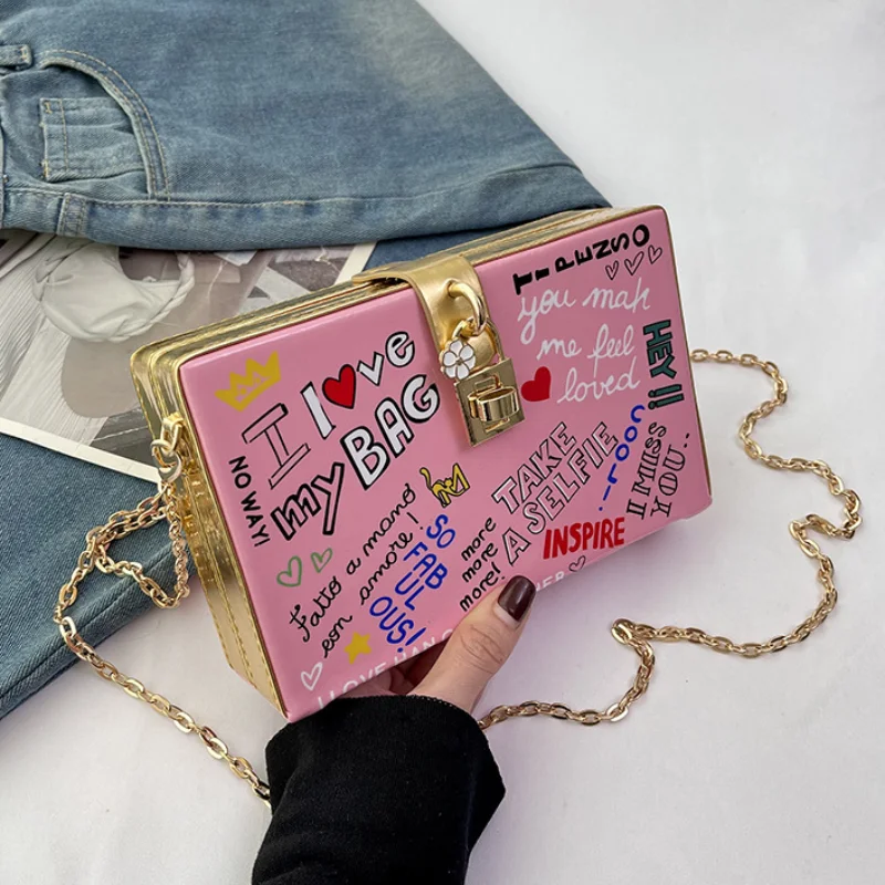 Small Square Box Bags for Women 2023 Trend Letter Cartoon Cute Crossbody Bag Hip Hop Fashion Chain Graffiti Shoulder Bag Woman