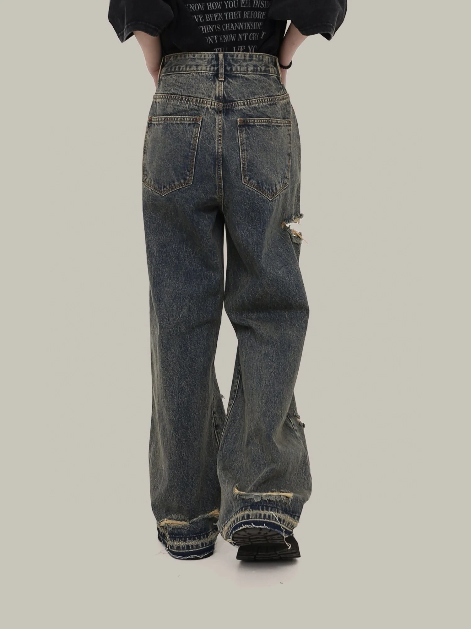 Personality Wash Do Old Blue Straight Hole Beggar Jeans Men Women Loose Wide-legged Drag Pants Y2k
