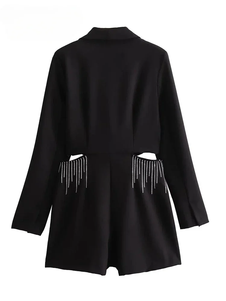 2024 New Spring Fashion Causal Tassel Playsuits Long Sleeve Vintage Woman Elegant Hollow Out Blazer Jumpsuit Slim Tops