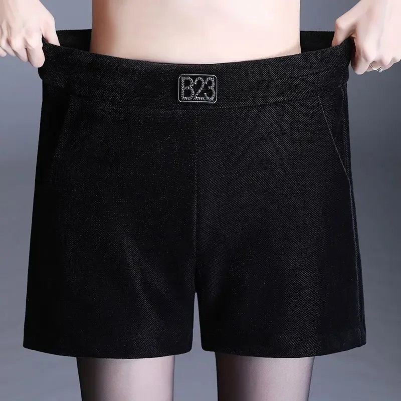 Elegant High Waist Golden Velvet Shorts Spring Autumn New Solid Color Loose Black Wide Leg Pants Fashion Casual Women Clothing
