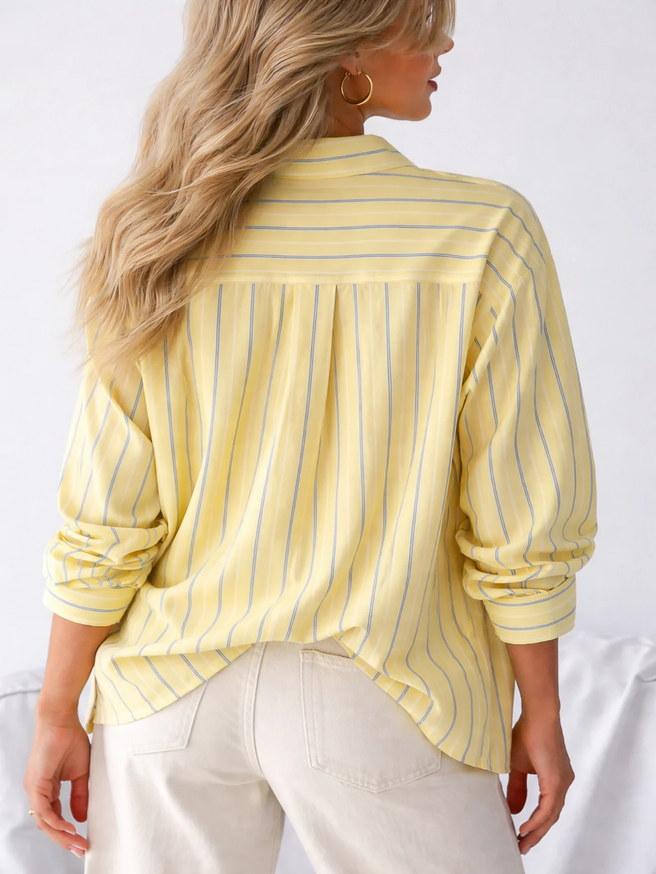 Women's Yellow Striped Button Down Shirt Casual Long Sleeve Blouse Top 3