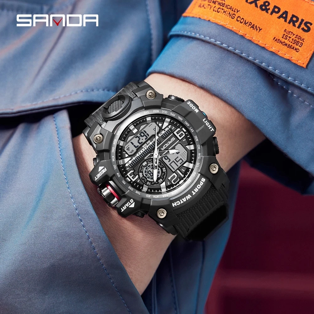 SANDA Fashion Mens Watches LED Sport Waterproof Watches Mens Top Luxury Brand Digital Male Quartz Wrist Watch Relogio Masculino