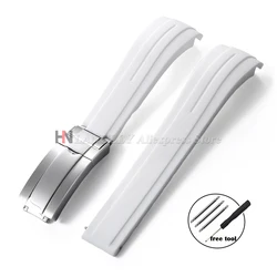 Green Waterproof Curved Rubber Watch Bracelet with Folding Buckle - 21mm - nologo (White - Silver Buckle)