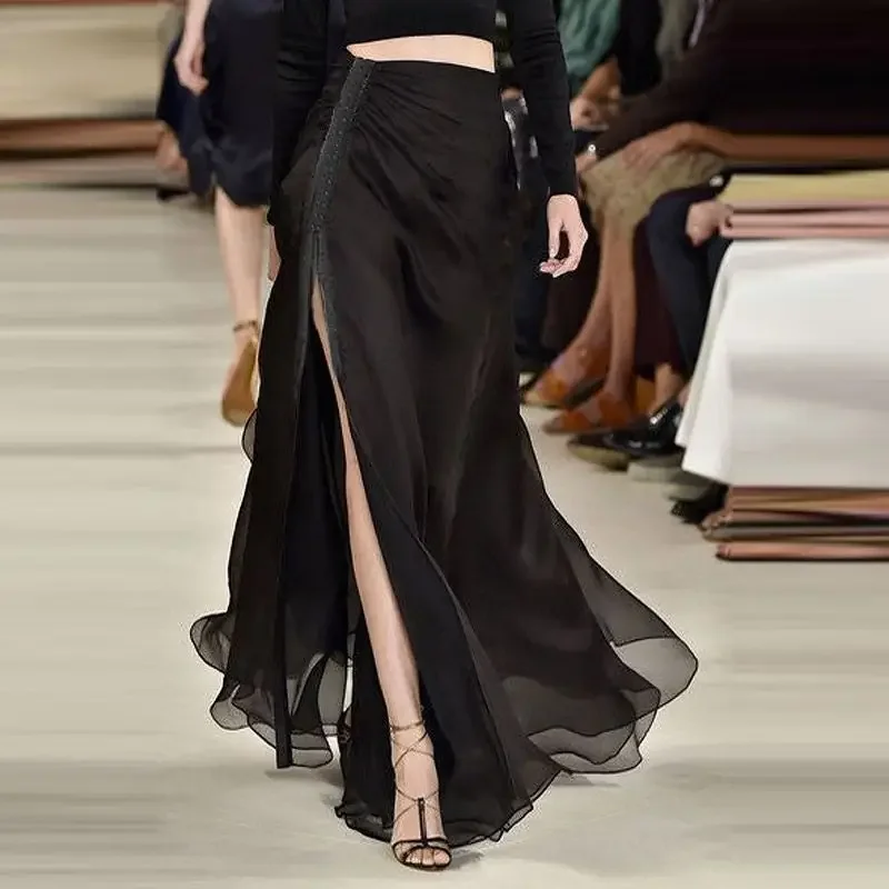 Falda de gasa de lujo para mujer, vestido largo de cintura alta con abertura lateral, diseño en capas, nuevo verano 2024