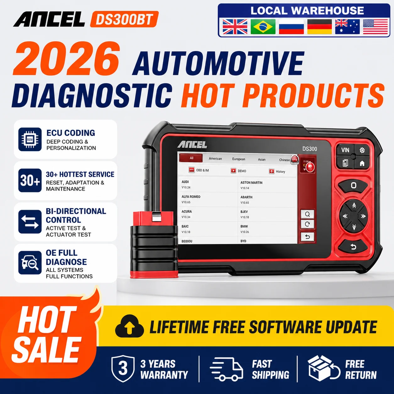 Scanner OBD2 ANCEL DS300BT, Ferramenta de Diagnóstico Bidirecional para Todos os Sistemas, 30 Funções de Redefinição, Codificação de ECU, Scanner Automotivo Profissional