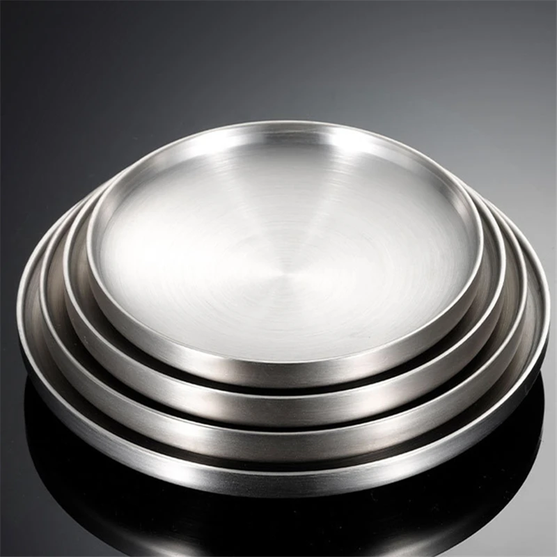 Thick Stainless Steel Round Dinner Plate Western Dessert Dishes Tray Double-layer Anti-scalding Dining Table Home Decoration