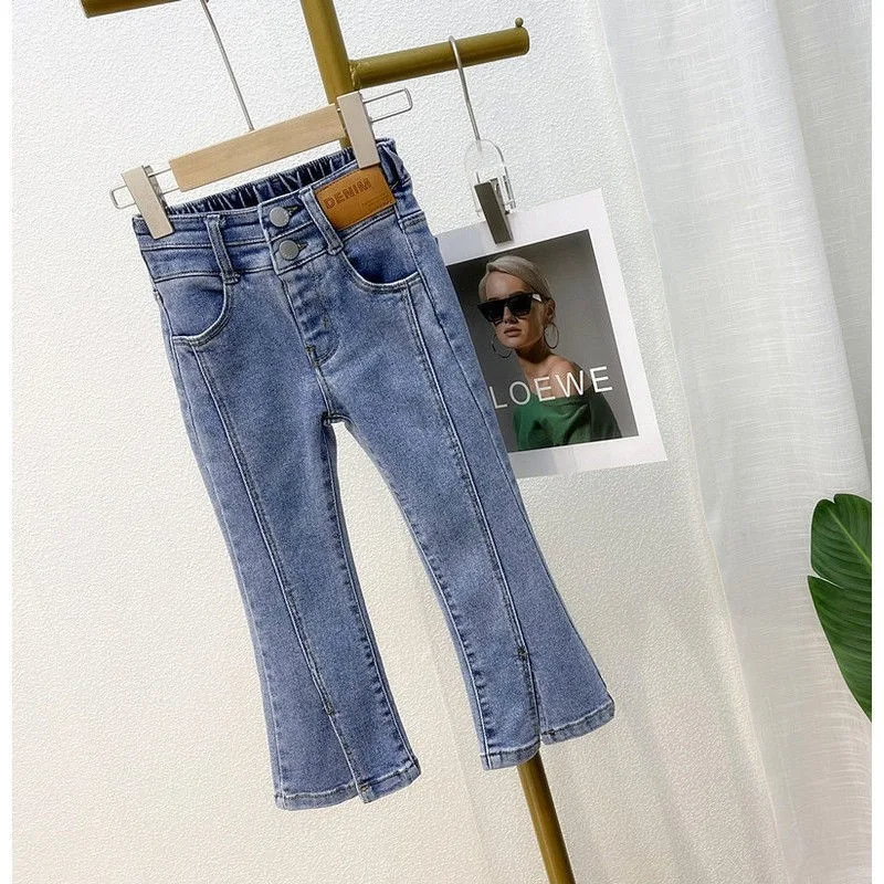 RAISE 봄 아동 여아 플레어 팬츠 코튼 스티커 베이비 여아 데님 팬츠 레트로 엘라스틱 허리  여아 청바지 아동 바지