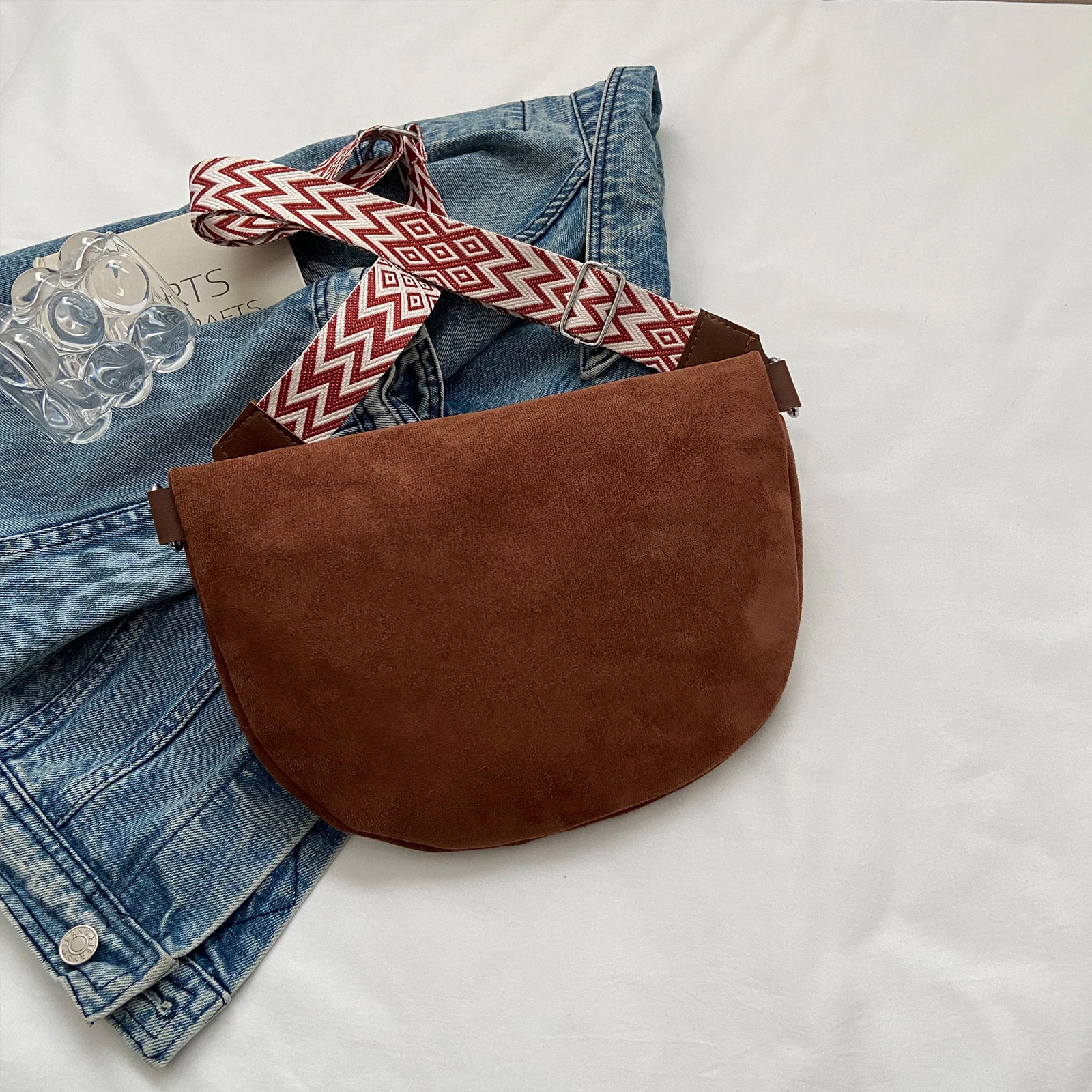 Women Casual Chest Pack Suede Solid Color Sling Shoulder Bag Vintage Waist Bag Wide Strap Autumn Winter Commute Crossbody Bags