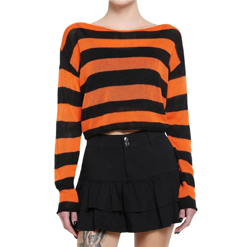 

Xingqing Emo Sweater Gothic Punk Clothes 2000s Women Striped Long Sleeve Knitted Tops Cyber y2k Clothing Halloween Streetwear