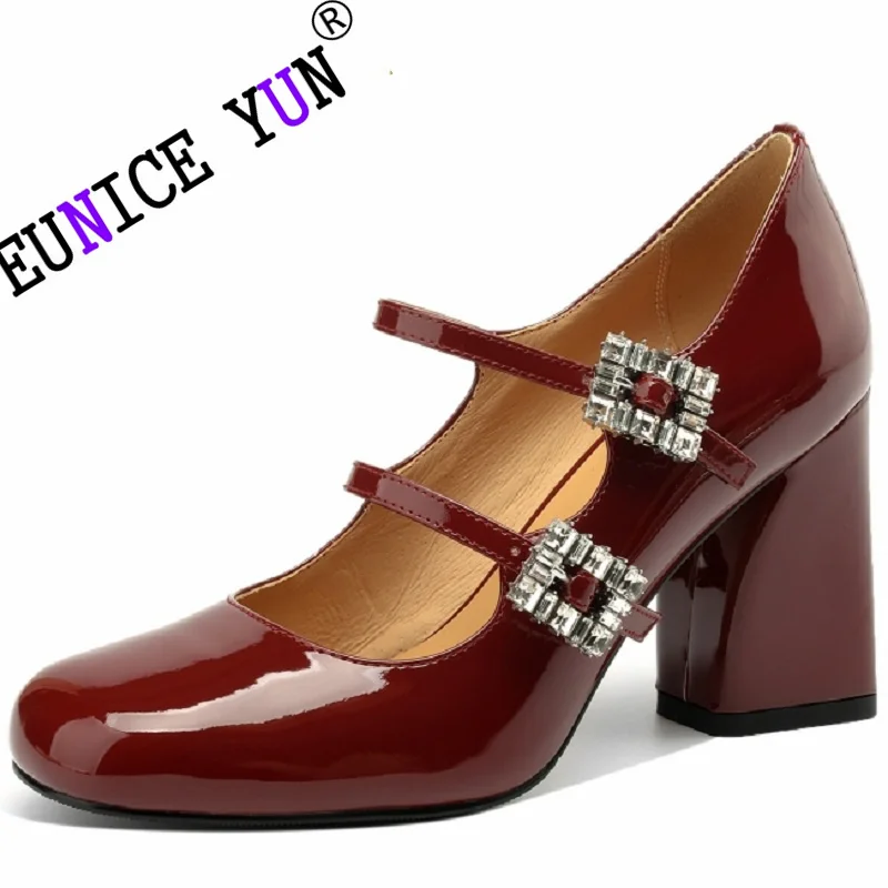

【EUNICE YUN】Crystal Buckle Mary Jane Shoes Genuine Leather Heel Flat Pumps Luxury Designer Women Office Soft Shoes 33-41