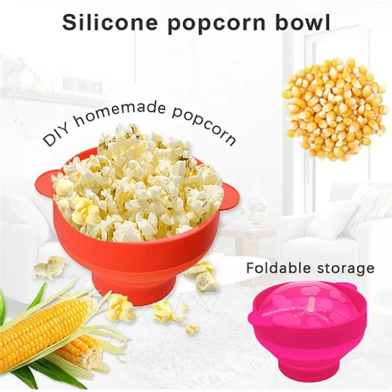 High Quality Microwave Popcorn Bowl Bucket Silicone DIY Popcorn Maker With Lid Chips Fruit Dish Kitchen Easy Tools Easy To Use D