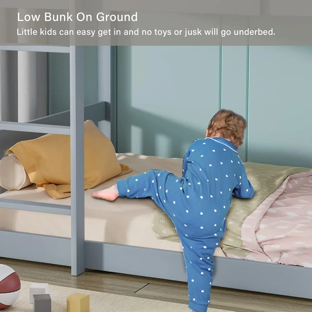 Children Beds, Twin Over Twin Bunk Bed for Kids Children Teens, Solid Wood Bunk Bed Frame with Ladder and Guard Rail Space 6