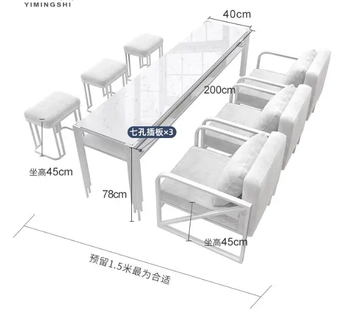 

White nail desk and chair set Glass marble with socket vacuum cleaner single double triple