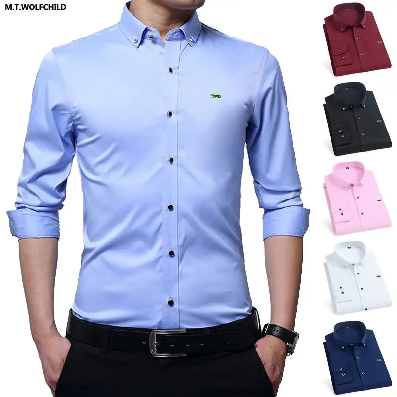 

Men Shirt Embroidery-Logo Spring Autumn Solid Blouse Men's Dress Shirts Long Sleeve Casual Shirts Hommes Clothing Male Tops