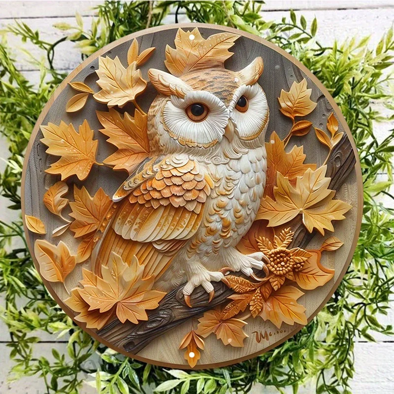 輸入雑貨　特殊強化ガラス仕様　アートパネル Owl Carving Wall Art, Round Aluminum Sign, UV and Scratch