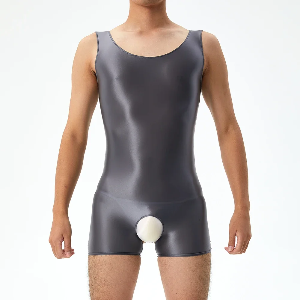 Mens Glossy Crotchless Underwear Bodysuit High Elasticity Jumpsuits Sexy Lingerie Sleeveless Shorts Sheer Playsuit