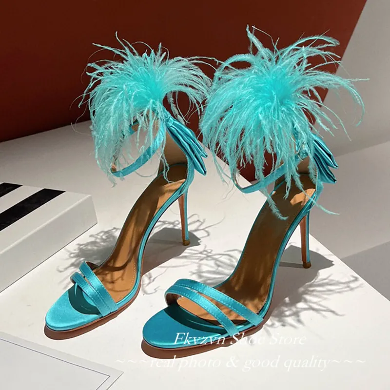 Sexy Peep Toe Feather Sandals High Heels Party Shoes Ankle Strap Gladiator Stiletto Summer White Shoes For Women Zapatos Mujer