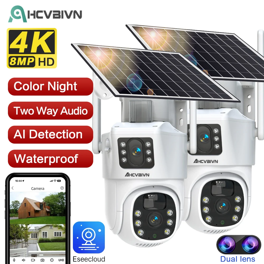 8Mp 4K Outdoor Two Way Audio Wifi Dual Lens Camera Ptz Wireless Solar Camera Ai Auto Tracking Cctv Sorveglianza Ip Camera Color