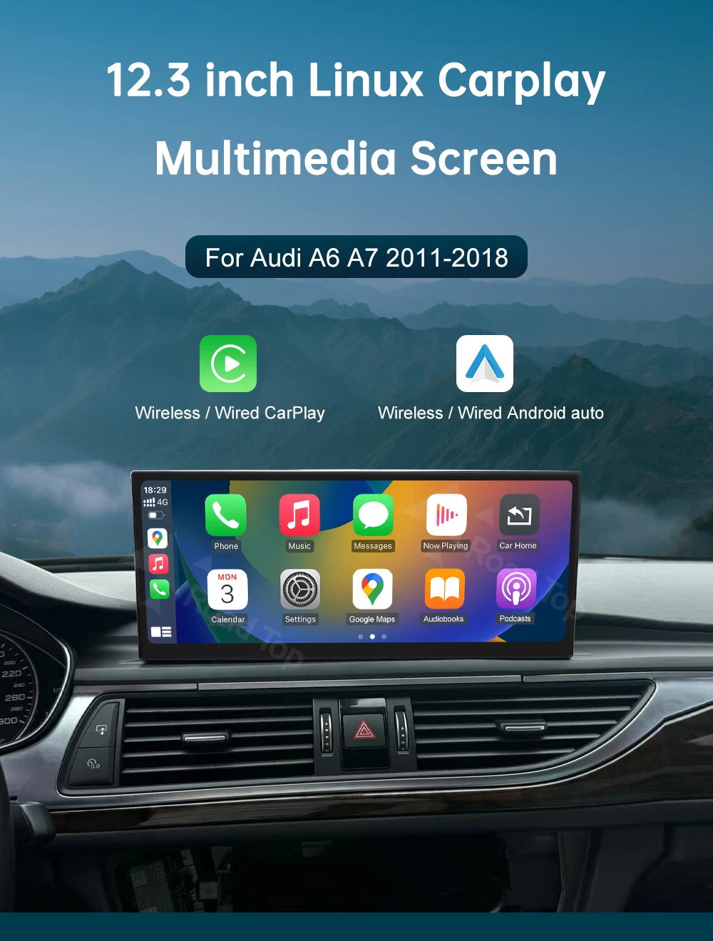 RoadTop 12,3 Zoll Wireless CarPlay Multimedia-Display Android Auto für Audi A6 A7 2011-2018 RMC HN+ Airplay Autolink-Funktion – Detail 1
