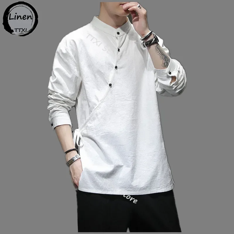 

Mens Chinese Style Hemp Shirt Cotton Linen Tang Suit Hanfu Retro Stand-Up Collar Zen Clothes Harajuku tops Clothes Men Clothing