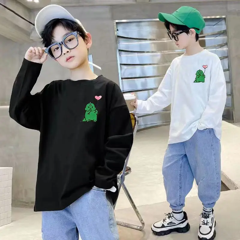 

2023 New Korean Children's T Shirt Boys Cotton Bottoming Shirt Long Sleeve Cartoon Tops 4-14 Years Kids Casual Tops