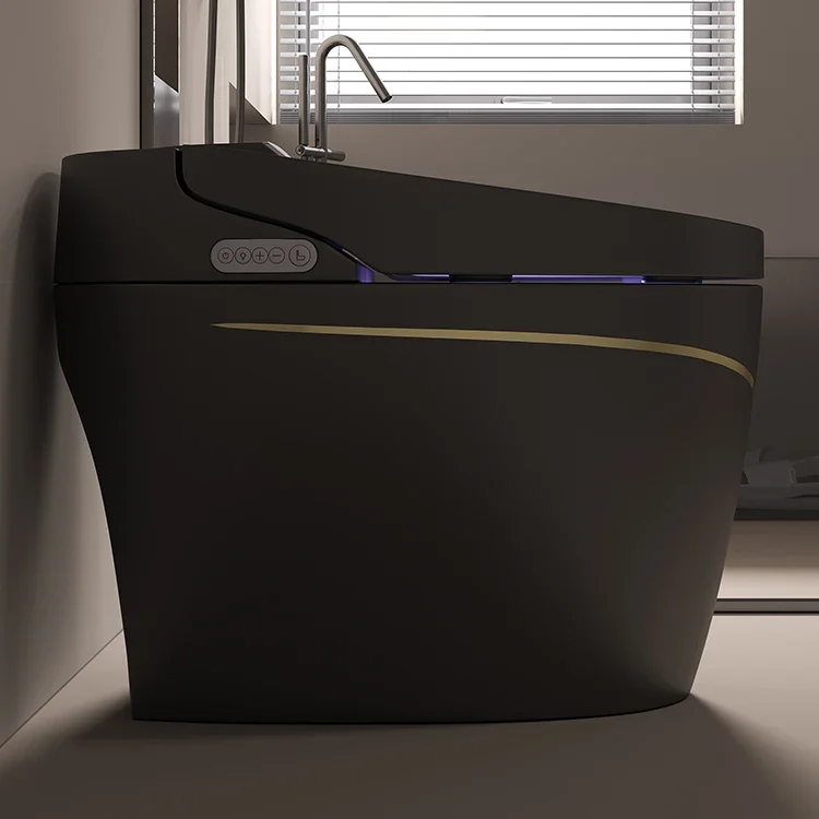 New Design P Trap Automatic One Piece Black-gold Bidet Best Sell Coloured Smart Toilet with Intelligent Voice Control 6